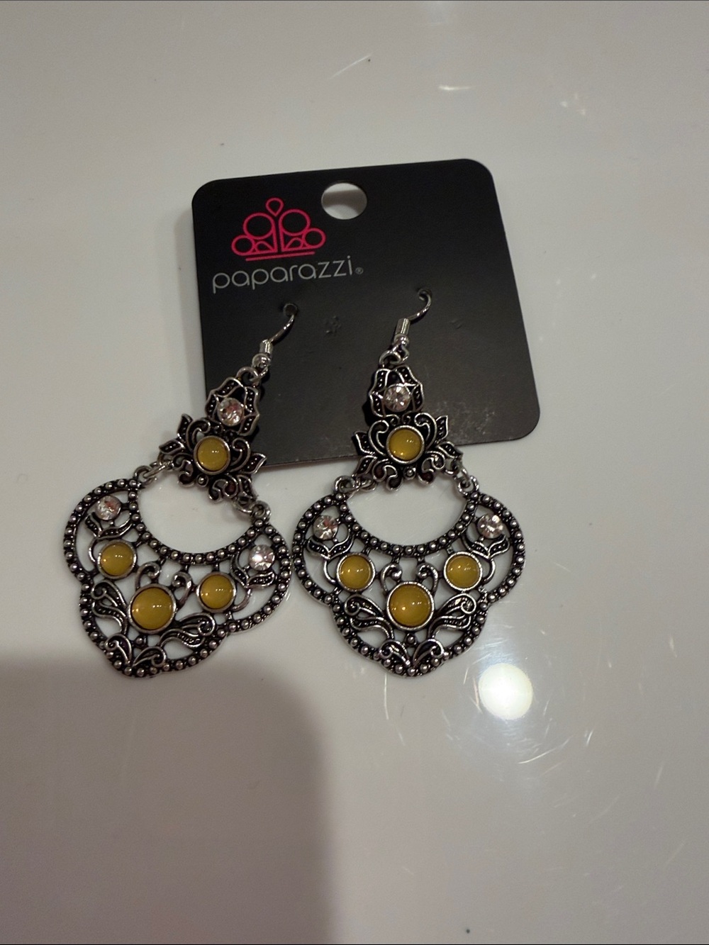 paparazzi Yellow Stone Antique Silver Filigree Dangle Earrings